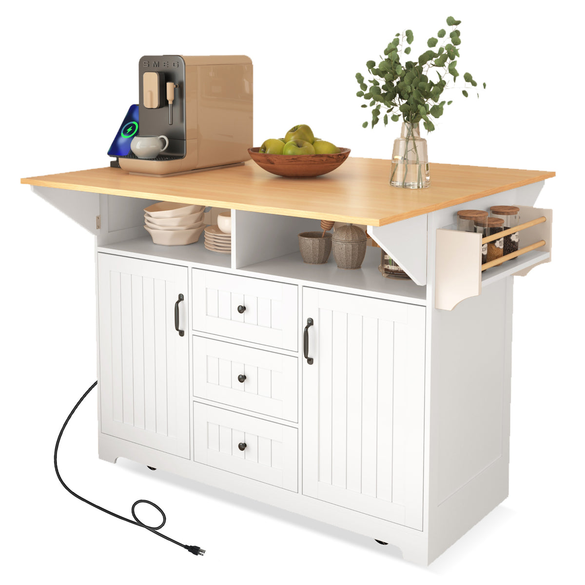 K&K 55.7'' Large Kitchen Island with 2 Drop Leaf,, Rolling Kitchen Cart on 5 Wheels with Power Outlet, Folding Storage Dining Table with Spice & Towel Rack , 3 Drawers, for Kitchen, Dining Room,White N707P186617W-djyc