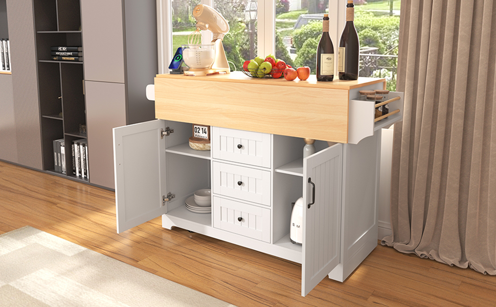 K&K 55.7'' Large Kitchen Island with 2 Drop Leaf,, Rolling Kitchen Cart on 5 Wheels with Power Outlet, Folding Storage Dining Table with Spice & Towel Rack , 3 Drawers, for Kitchen, Dining Room,White N707P186617W-djyc