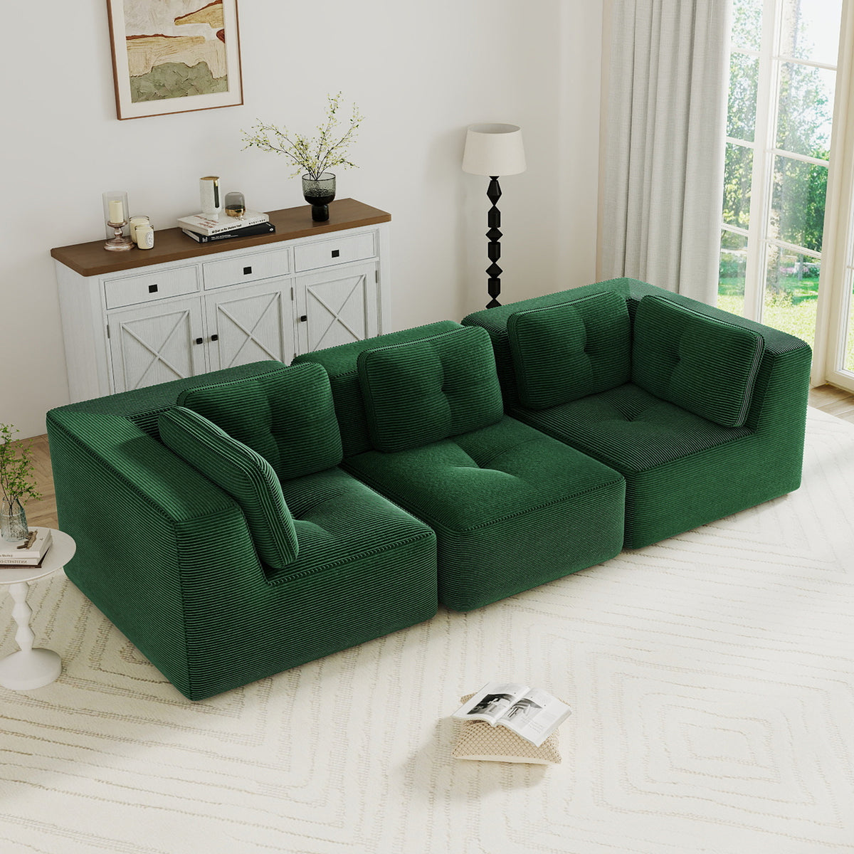 Modern Modular Sectional Sofa for Living Room, Corduroy Fabric, Oversized 3-Seaterwith Deep Seat , Pearl-like piping, Tufted Design, No Assembly, Anti-slip Design, Green-W714S01795