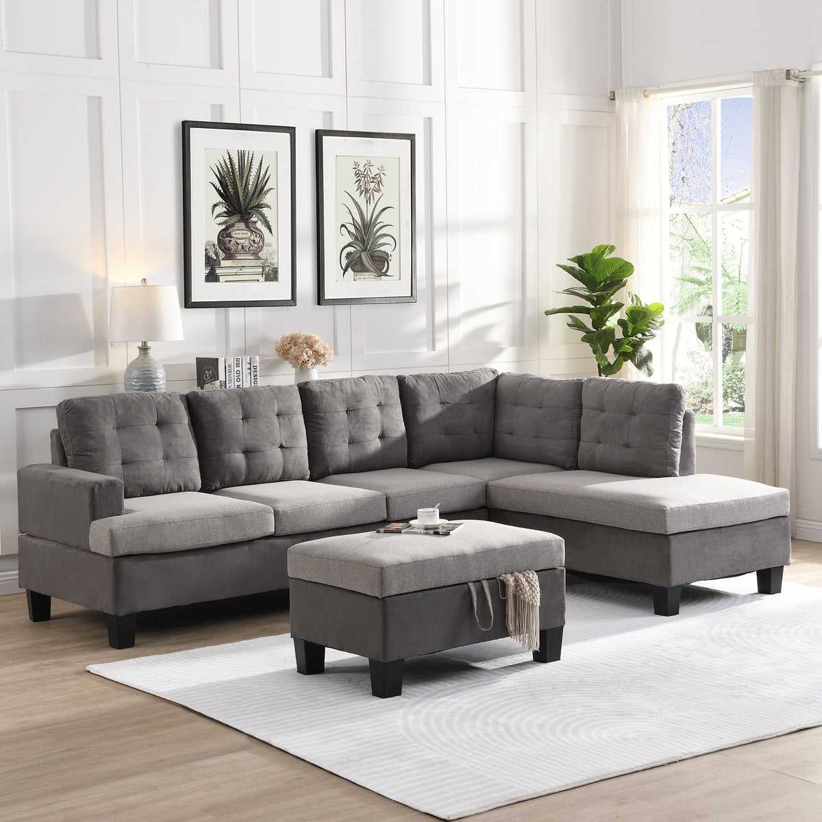 Sofa Set for Living Room with Chaise Lounge and Storage Ottoman Living Room Furniture Gray W214S00018-djyc