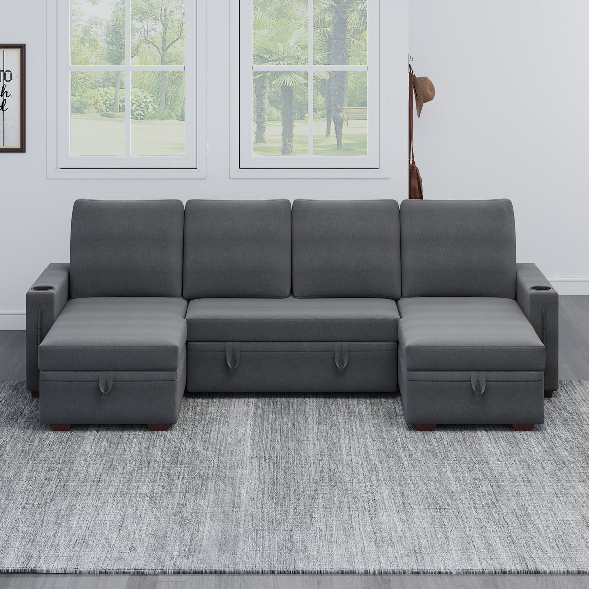 Sectional Sofa with Storage, 96" U Shaped Sectional Couches for Living Room, Comfy Convertible Sectional Sofa- Dark Grey W1669S00008-djyc