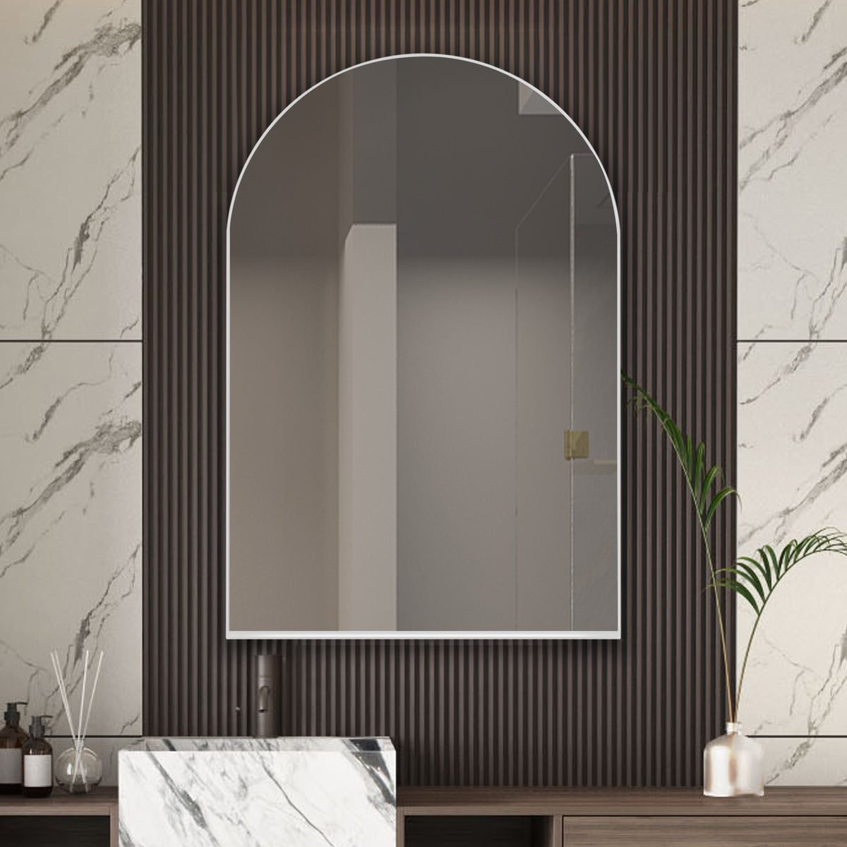 24x36 Inch Arched Recessed Medicine Cabinet, Metal Framed Bathroom Wall Cabinet with Mirror and Adjustable Shelves, Wall Mirror with Storage for Bathroom, White W1435P202407-djyc