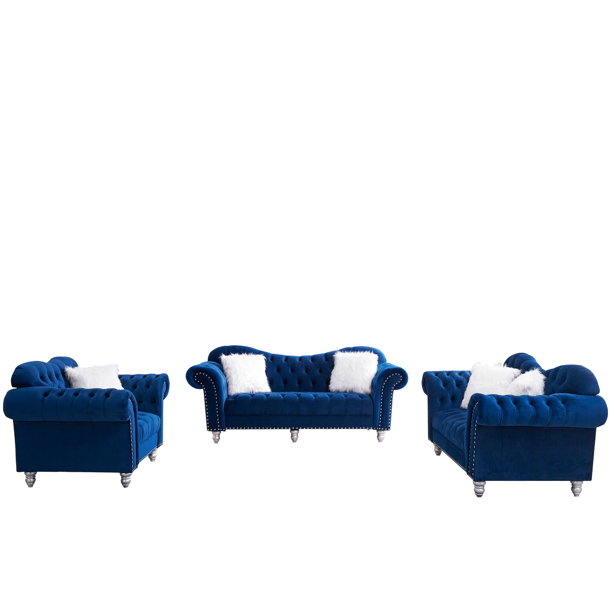 3 Piece Living Room Sofa Set, including 3-Seater Sofa, Loveseat and Sofa Chair, with Button and Copper Nail on Arms and Back, Five White Villose Pillow, Blue. W487S00051-djyc