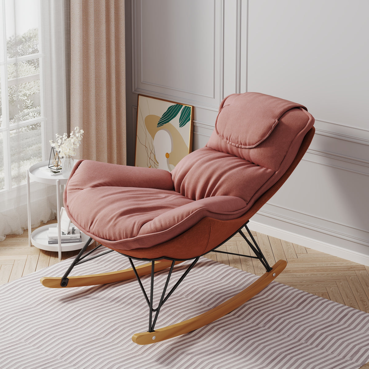 Leisure sofa single rocking chair, light luxury sofa chair, balcony leisure area single chair, comfortable and breathable characteristic chair, detachable and washable seat cushion (Color: Pink) W1669P152763-djyc