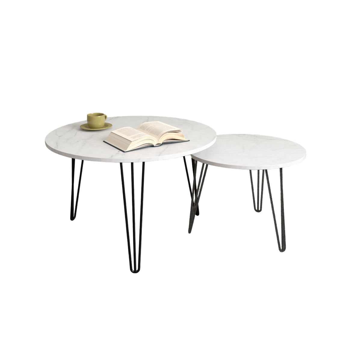 27.56'' Round Nesting Coffee Table Set of 2,Circular Nesting End Table Set, Round Marble Tabletop, and Sturdy Metal Base for Living Room, bedroom, White W808P176737-djyc