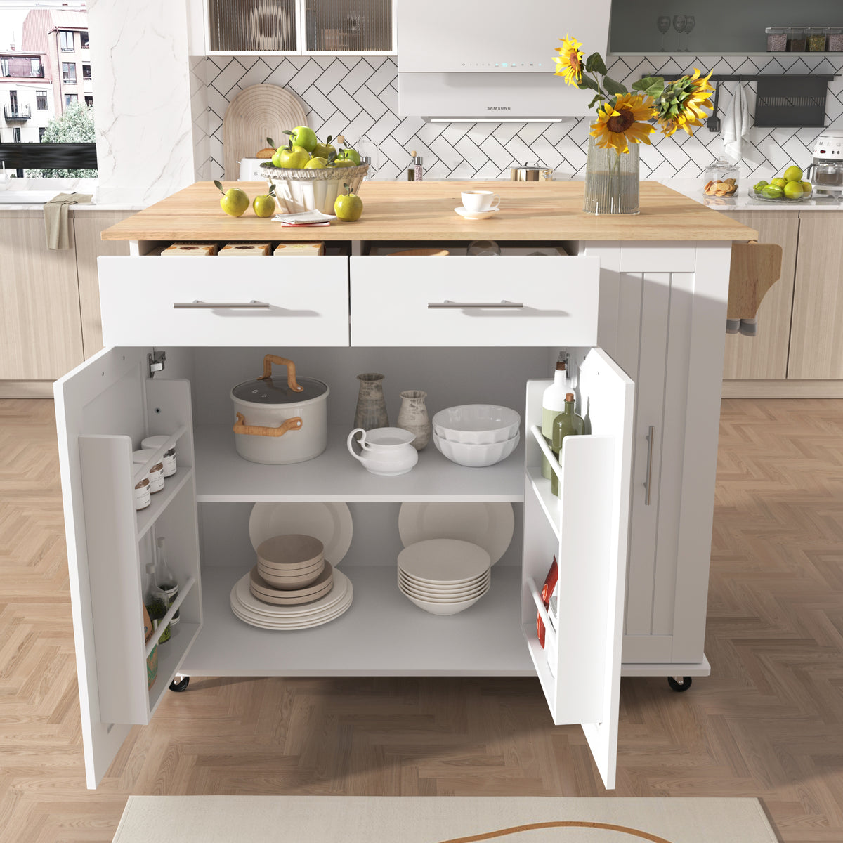 K&K Kitchen Island with Drop Leaf, Kitchen Storage Cart with 3 Tier Pull Out Cabinet Organizer, Internal Storage Rack, Rolling Kitchen Cart on Wheels with Towel Rack, 2 Drawers, for Kitchen, White WF531421AAW-djyc