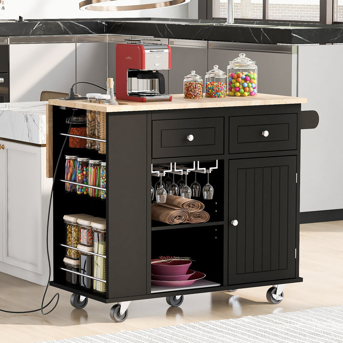 Kitchen Island with Power Outlet,Kitchen Storage Island with Drop Leaf and Rubber Wood,Open Storage and Wine Rack,5 Wheels,with Adjustable Storage for Home, Kitchen, and Dining Room, Black WF305556AAB-djyc