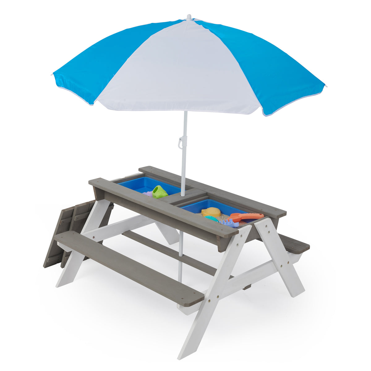 3-in-1 Kids Outdoor Wooden Picnic Table With Umbrella, Convertible Sand & Wate, Gray ASTM & CPSIA CERTIFICATION W1390104709-djyc