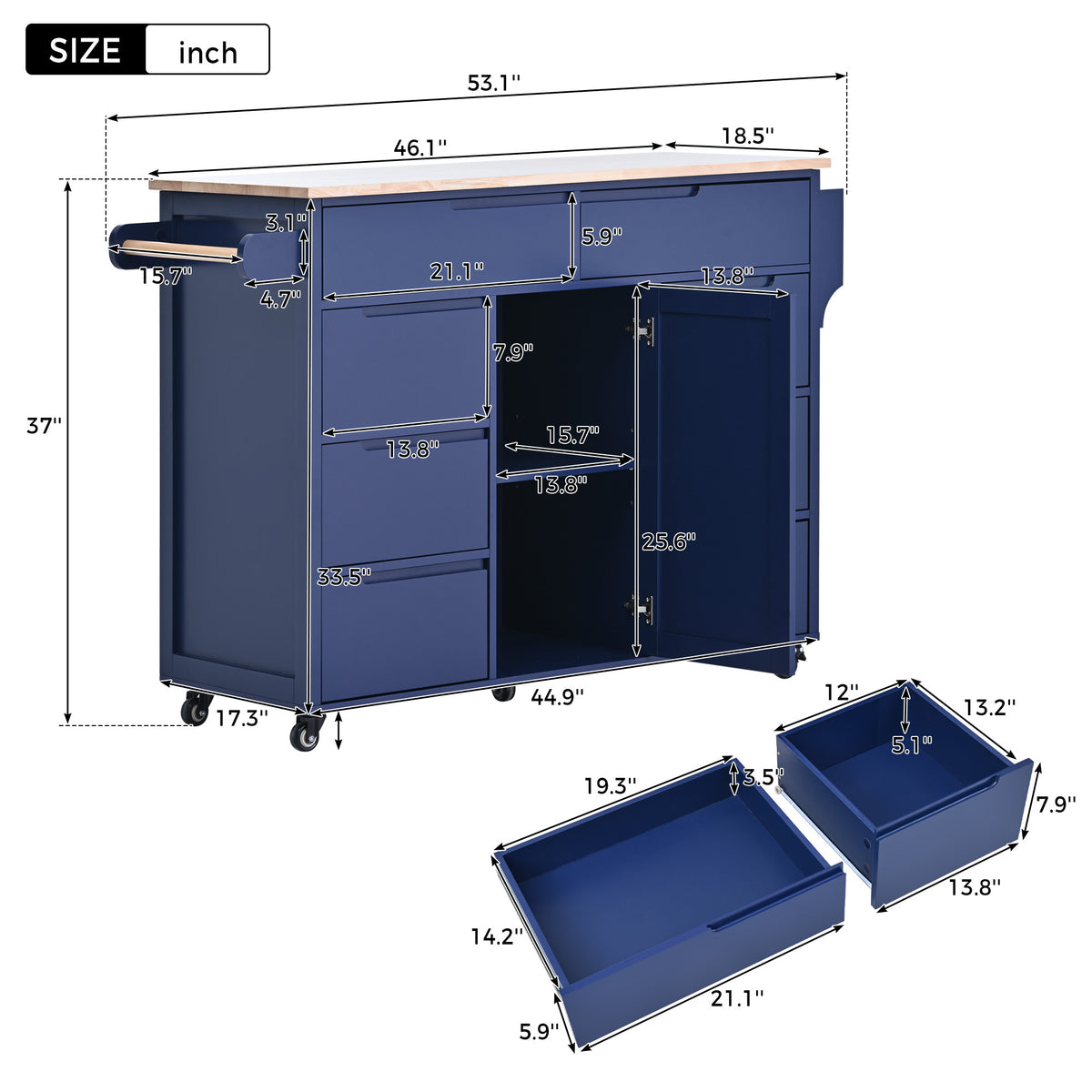 K&K Store Kitchen Cart with Rubber Wood Countertop , Kitchen Island has 8 Handle-Free Drawers Including a Flatware Organizer and 5 Wheels for Kitchen Dinning Room, Dark Blue SK000002AAG-djyc