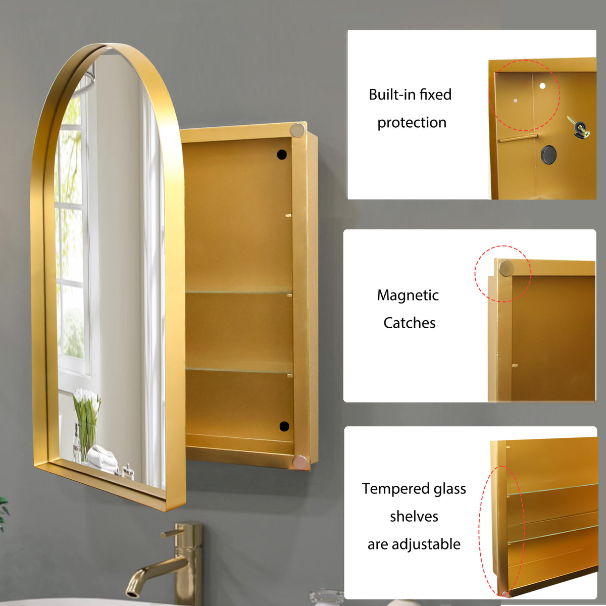 24x36 Inch Arched Recessed Medicine Cabinet, Metal Framed Bathroom Wall Cabinet with Mirror and Adjustable Shelves, Wall Mirror with Storage for Bathroom, Matte Gold W1435P182923-djyc