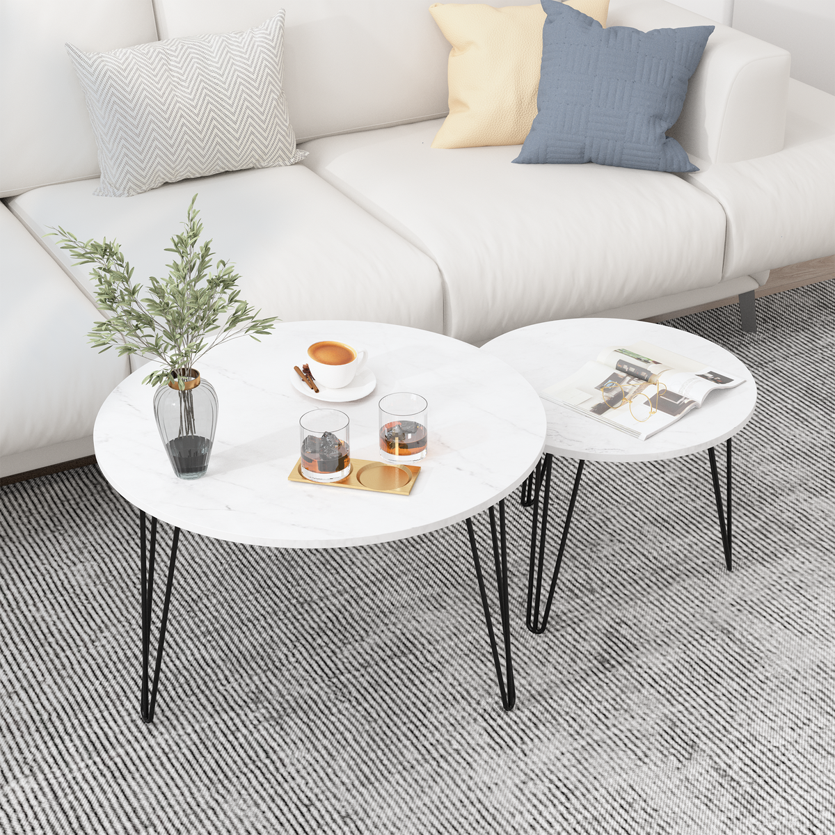 27.56'' Round Nesting Coffee Table Set of 2,Circular Nesting End Table Set, Round Marble Tabletop, and Sturdy Metal Base for Living Room, bedroom, White W808P176737-djyc