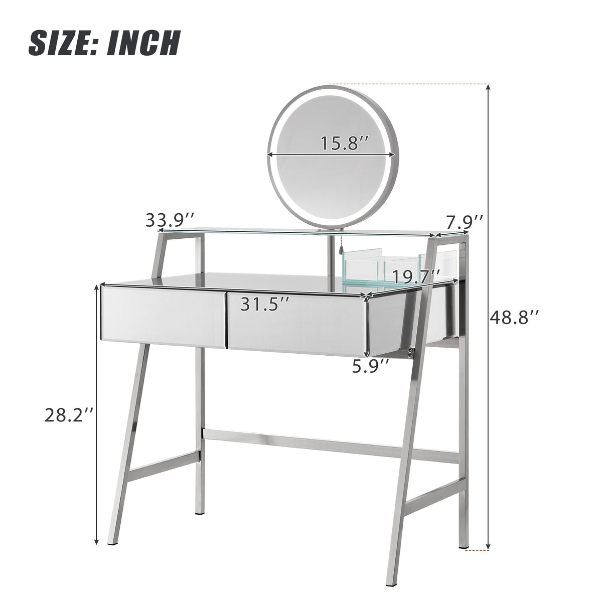 33.9" Mirrored Makeup Vanity Desk with Mirror and Lights, Mirrored Console Vanity Table with 2 Big Drawers & Open Shelf, Dressing Table with Charging Station for Bedroom, Silver FG202302AAA-djyc