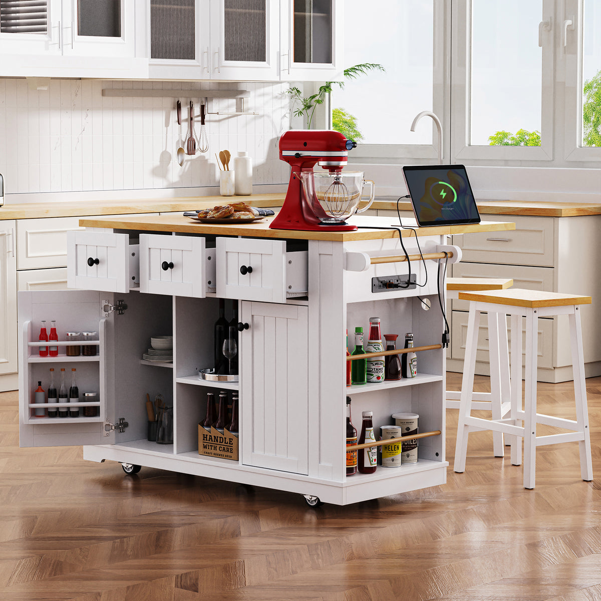 K&K 53inch Large Kitchen Island with 2 Bar Stools, Power Outlet,Door Internal Storage Rack, Kitchen Storage Cart on 5 Wheels with Drop Leaf, 5 Open Side Racks, 3 Drawers, for Kitchen,Dining Room,White N707S000007W-djyc