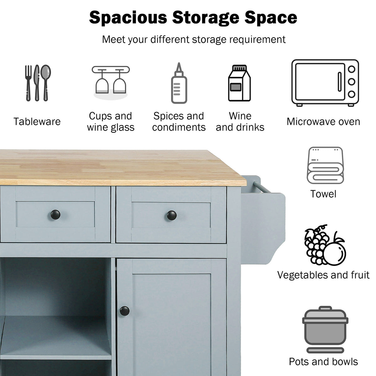 Kitchen Cart with Rubber wood Drop-Leaf Countertop ,Cabinet door internal storage racks,Kitchen Island on 5 Wheels with Storage Cabinet and 3 Drawers for Dinning Room, Grey Blue WF298028AAN-djyc