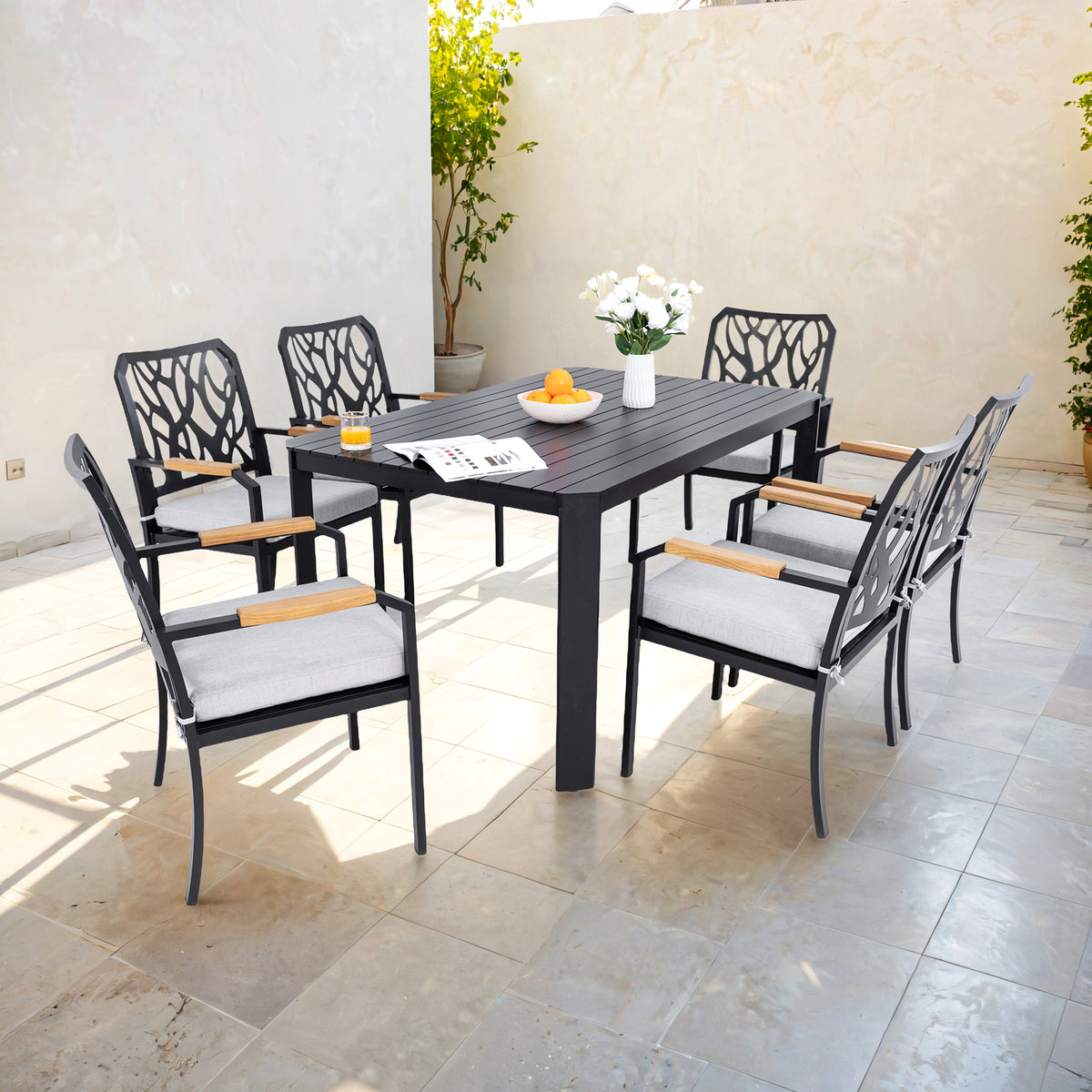 7-Piece Outdoor Patio Aluminum Furniture Set, Modern Dining Set with 6 Dining Chairs Sunbrella Fabric Cushioned, Nature-Inspired Branch-Like Backrest, Rectangular Table with UmbrellaHole,Burbon W1886S00012-djyc