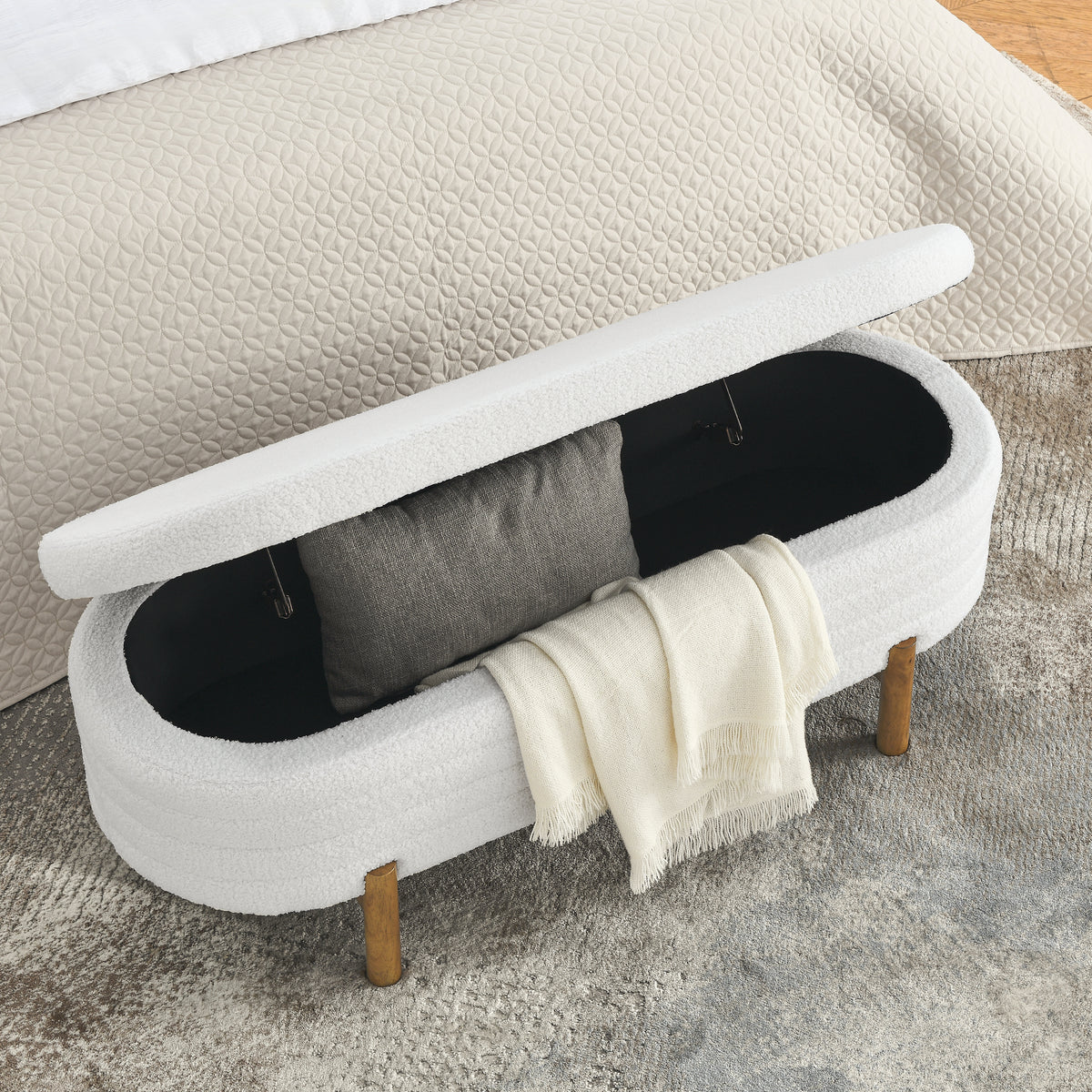 Ottoman Oval Storage Bench,Rubber Wood Leg,Beige(46."x17.7"x10.8") W487P178759-djyc