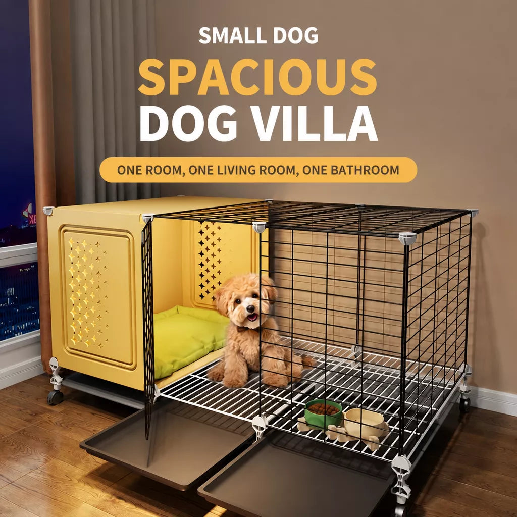 Elevated Indoor Dog Crate for Small Dogs with Separate Toilet Area