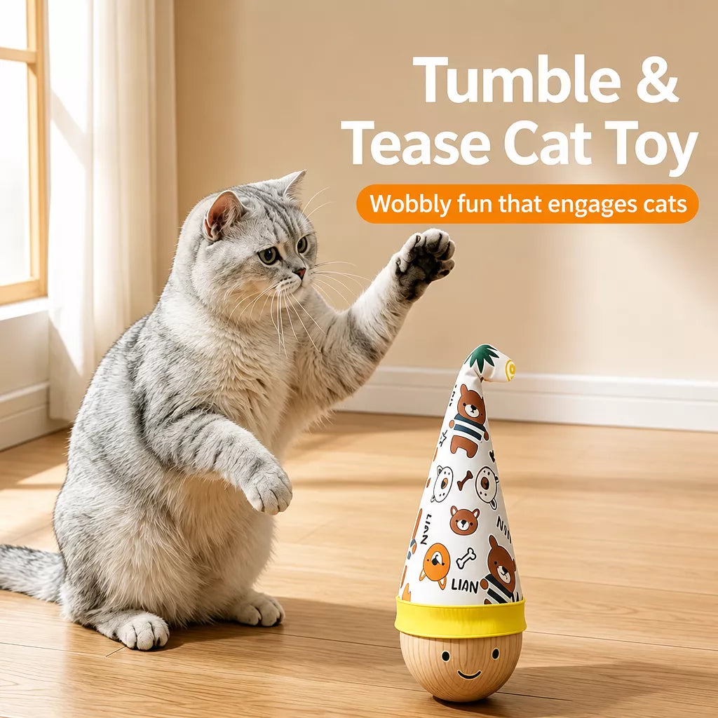 Beechwood Wobble Cat Toys with Feather and Twist Designs