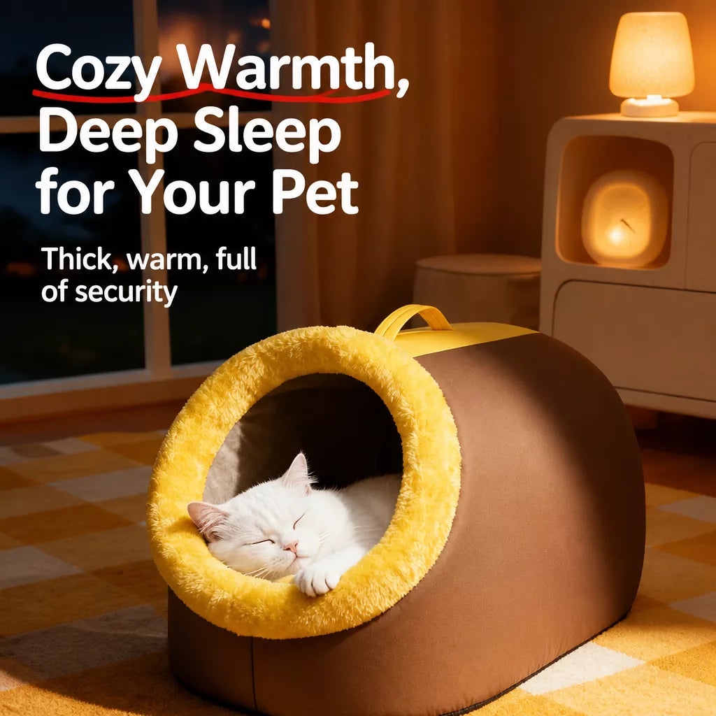 Enclosed Plush Pet Cave Bed with Carry Handle