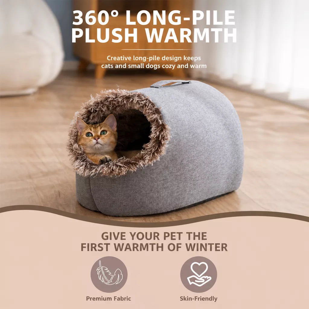 Enclosed Plush Pet Bed with Carry Handle for Cats & Small Dogs
