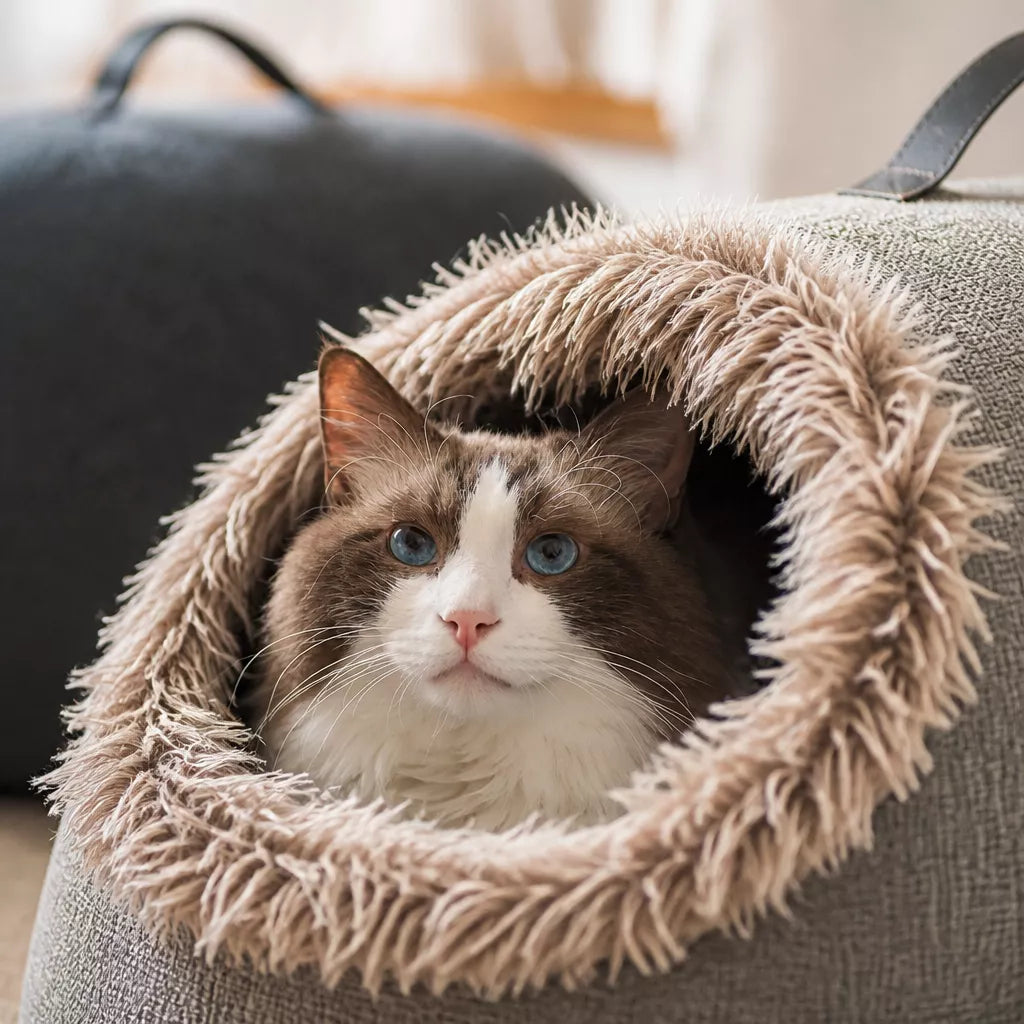Enclosed Plush Pet Bed with Carry Handle for Cats & Small Dogs