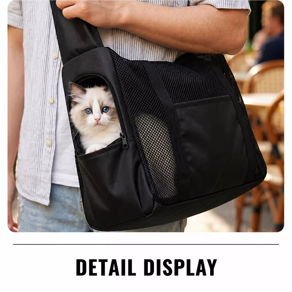 Faux Leather Mesh Crossbody Pet Carrier for Cats and Small Dogs