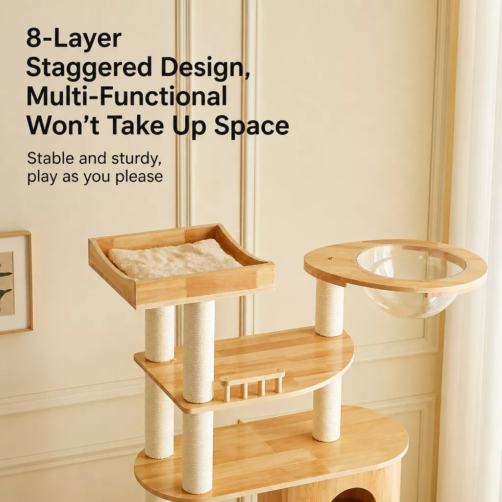 Large Solid Rubberwood Cat Tree with Climbing Platforms and Hideaway