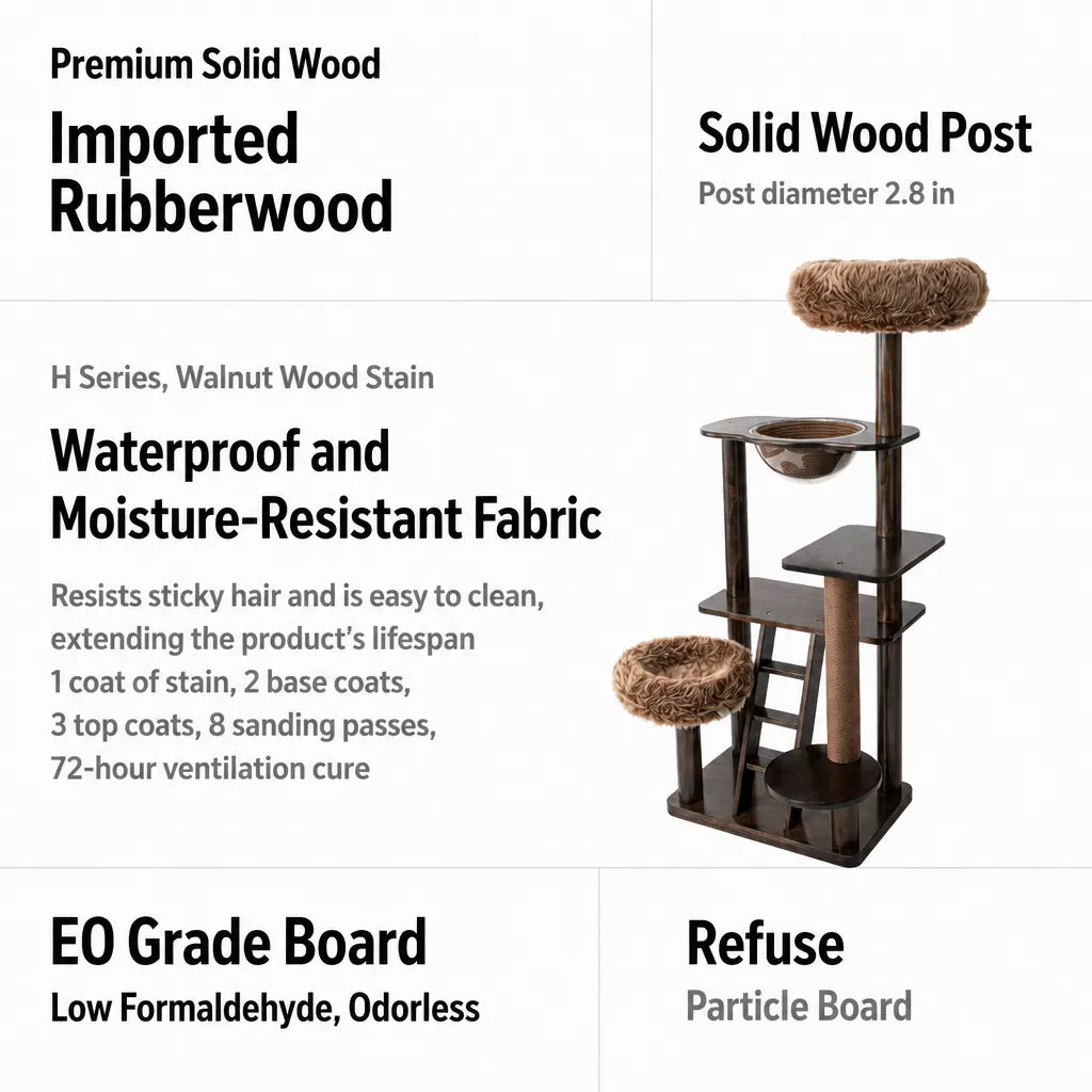 Rubberwood Cat Tree with Enclosed Bed