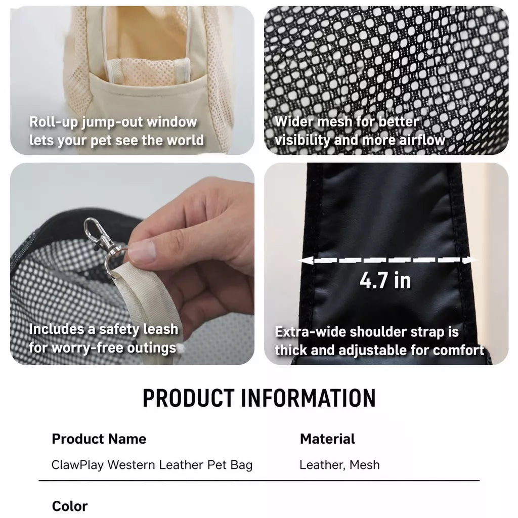 Faux Leather Mesh Crossbody Pet Carrier for Cats and Small Dogs