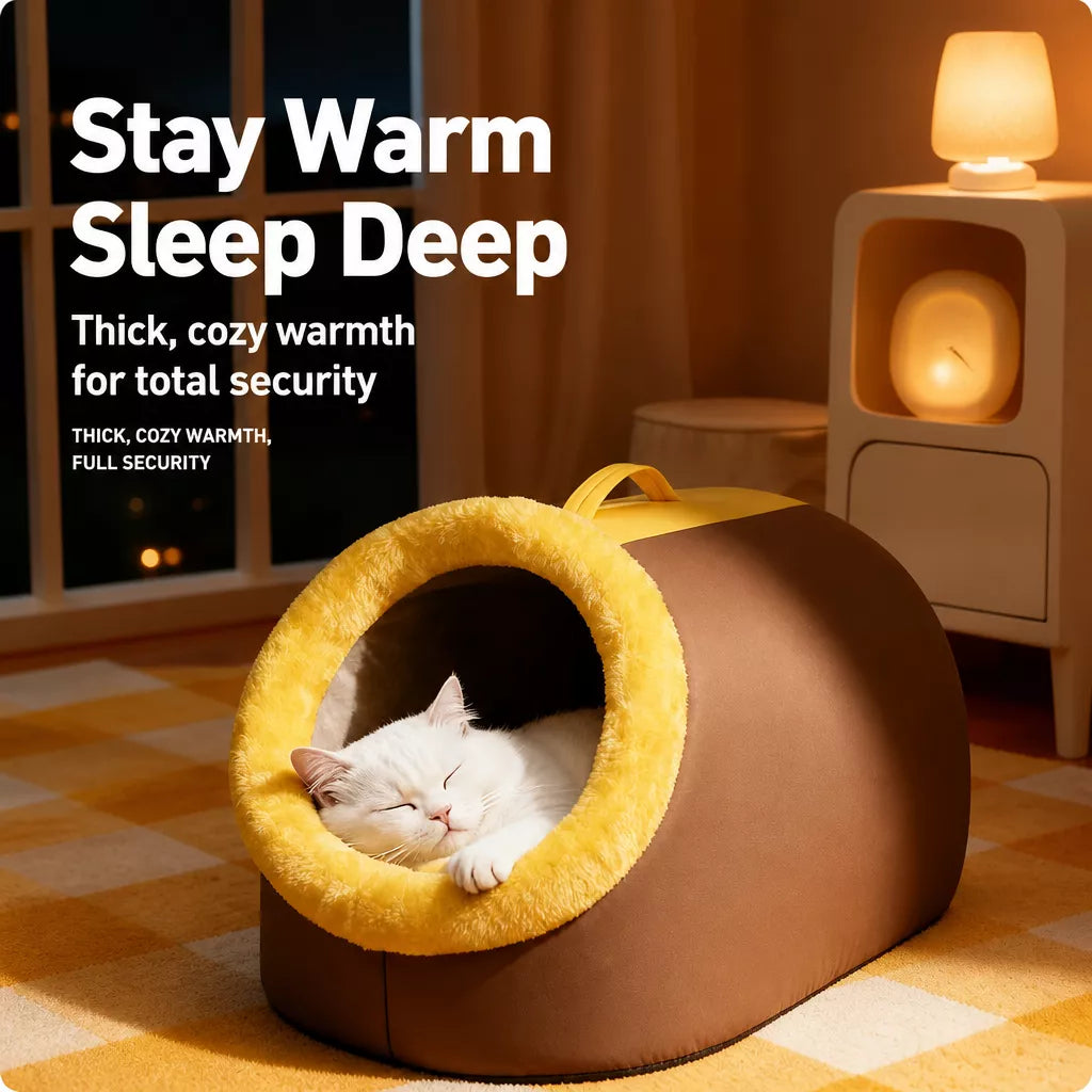 Enclosed Plush Pet Cave Bed with Carry Handle