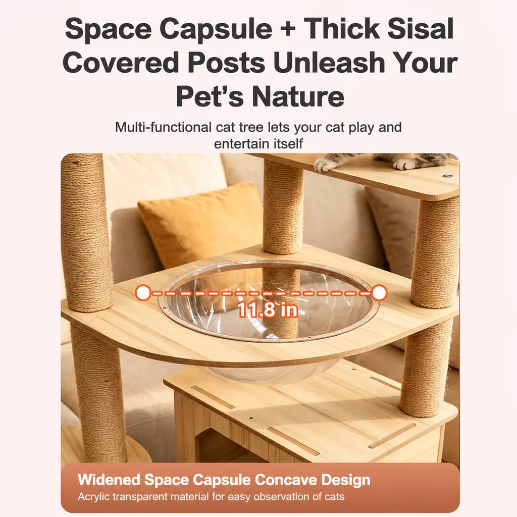 Wooden Cat Tree with Sisal Scratching Post & Enclosed Cat Houses