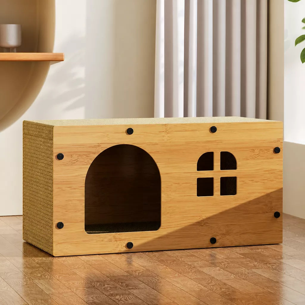 Corrugated Cardboard Cat House with Integrated Scratching Surface