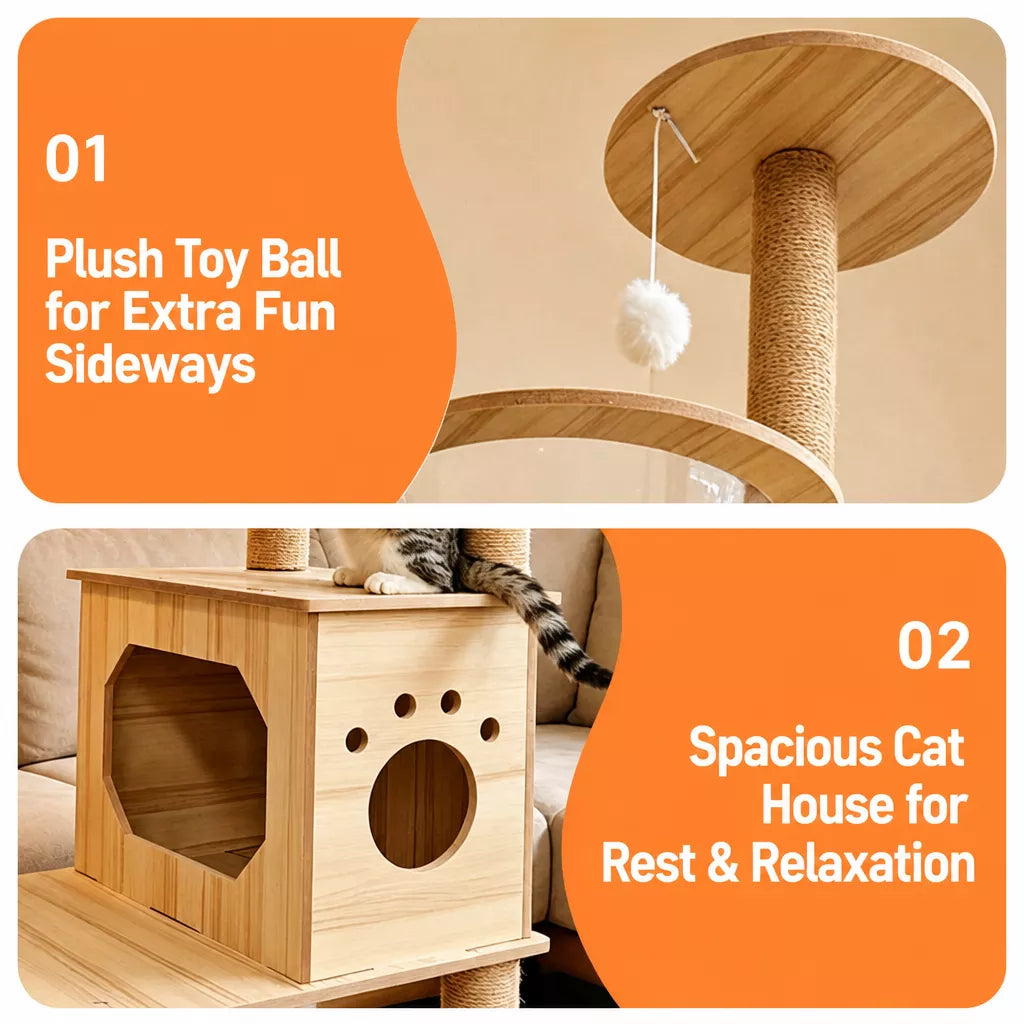 Wooden Cat Tree with Sisal Scratching Post & Enclosed Cat Houses