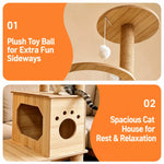 Wooden Cat Tree with Sisal Scratching Post & Enclosed Cat Houses