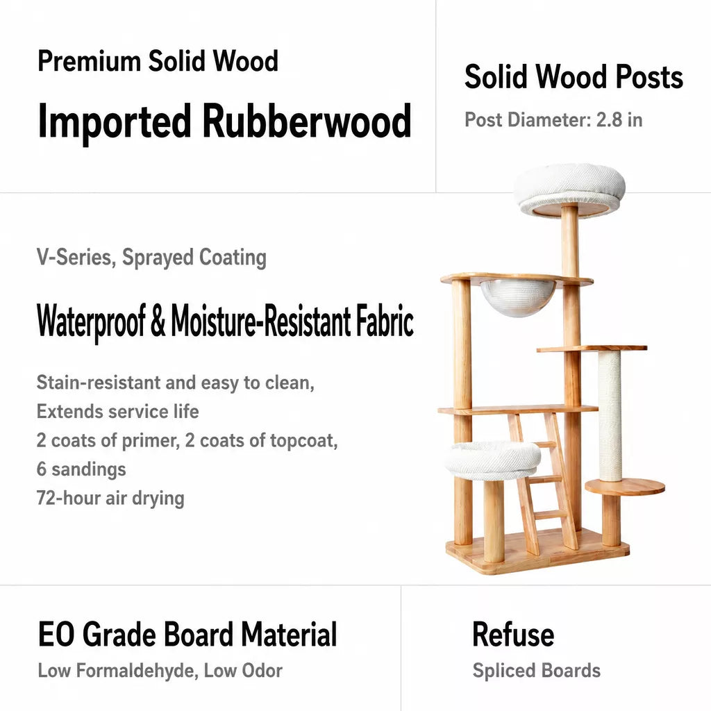 Rubberwood Cat Tree with Enclosed Bed