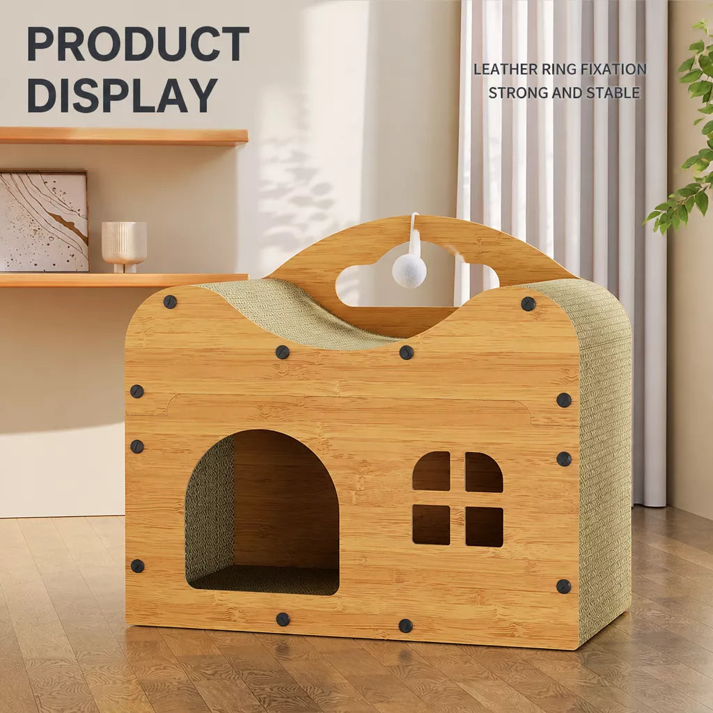 Corrugated Cardboard Cat House with Integrated Scratching Surface