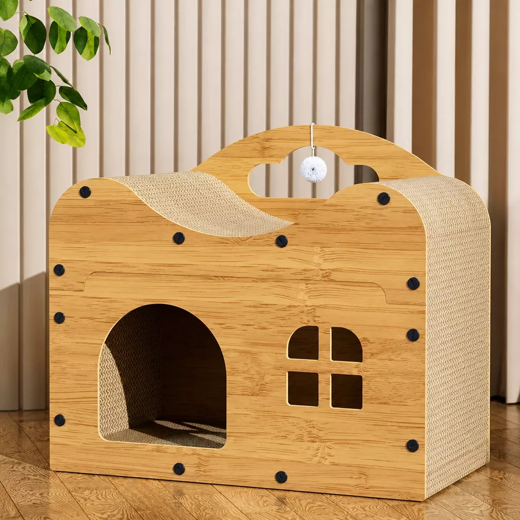 Corrugated Cardboard Cat House with Integrated Scratching Surface