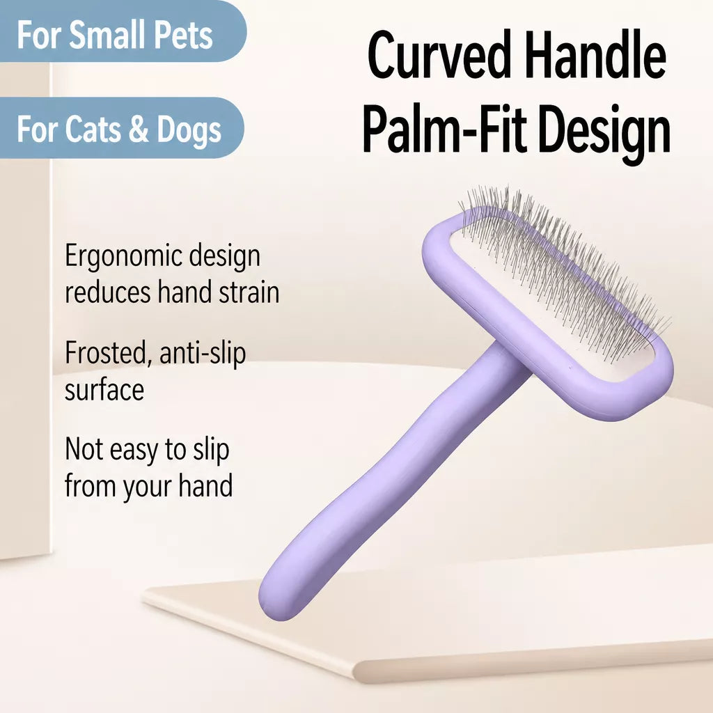 Stainless Steel Curved-Handle Pin Brush for Dogs & Cats