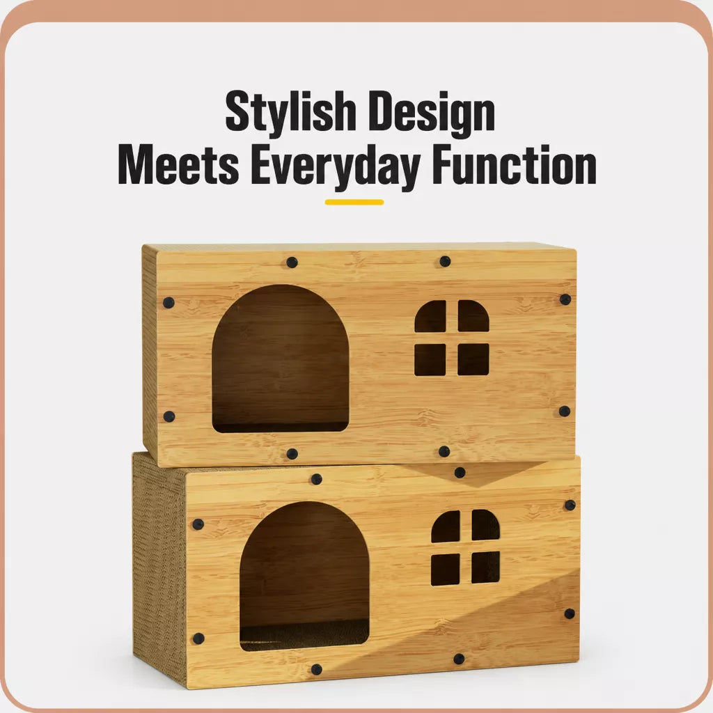 Corrugated Cardboard Cat House with Integrated Scratching Surface