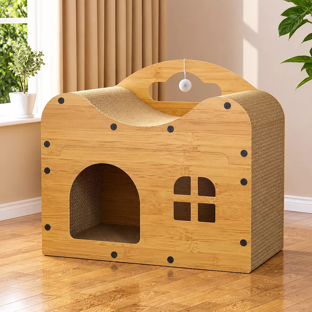 Corrugated Cardboard Cat House with Integrated Scratching Surface