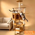 Wooden Cat Tree with Sisal Scratching Post & Enclosed Cat Houses
