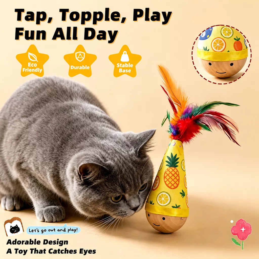 Beechwood Wobble Cat Toys with Feather and Twist Designs