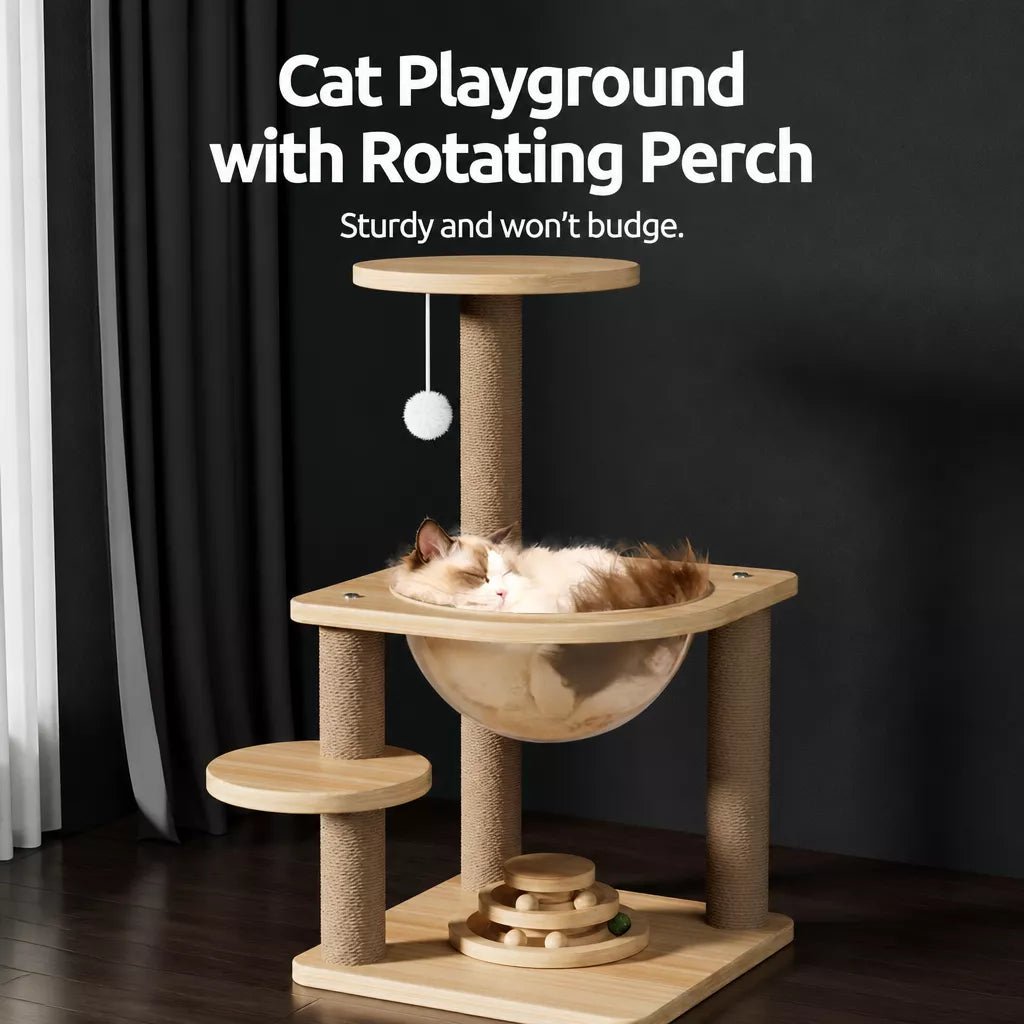 Space Pod Cat Tree with Scratching Post and Play Wheel
