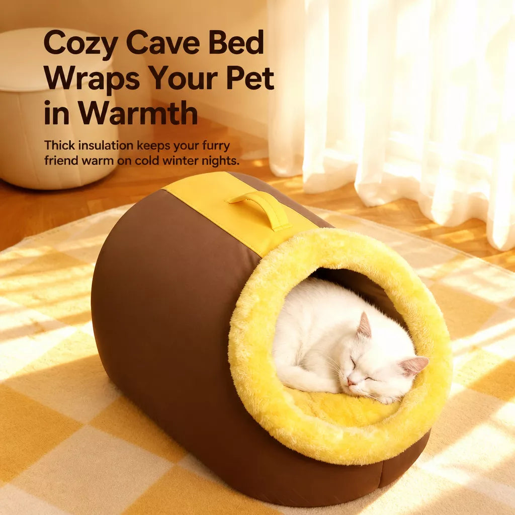 Enclosed Plush Pet Cave Bed with Carry Handle