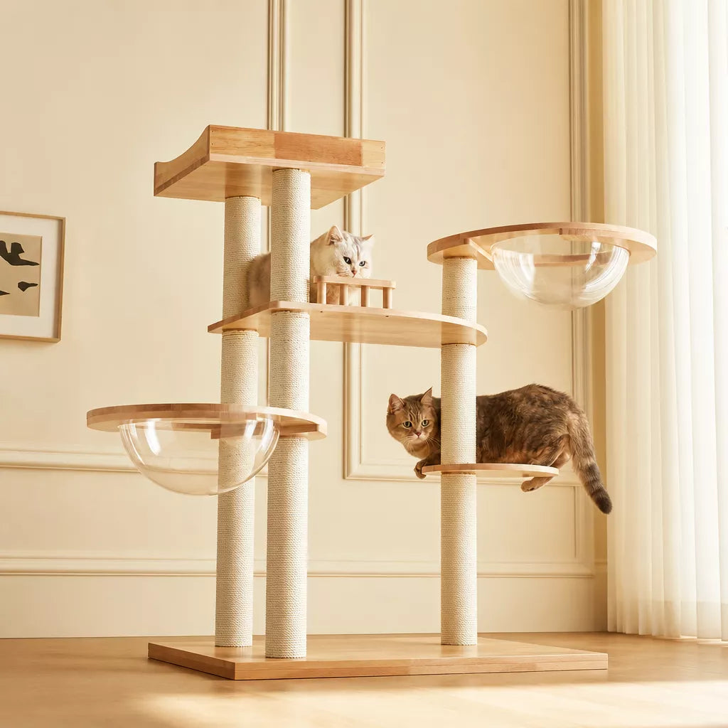 Large Solid Rubberwood Cat Tree with Climbing Platforms and Hideaway