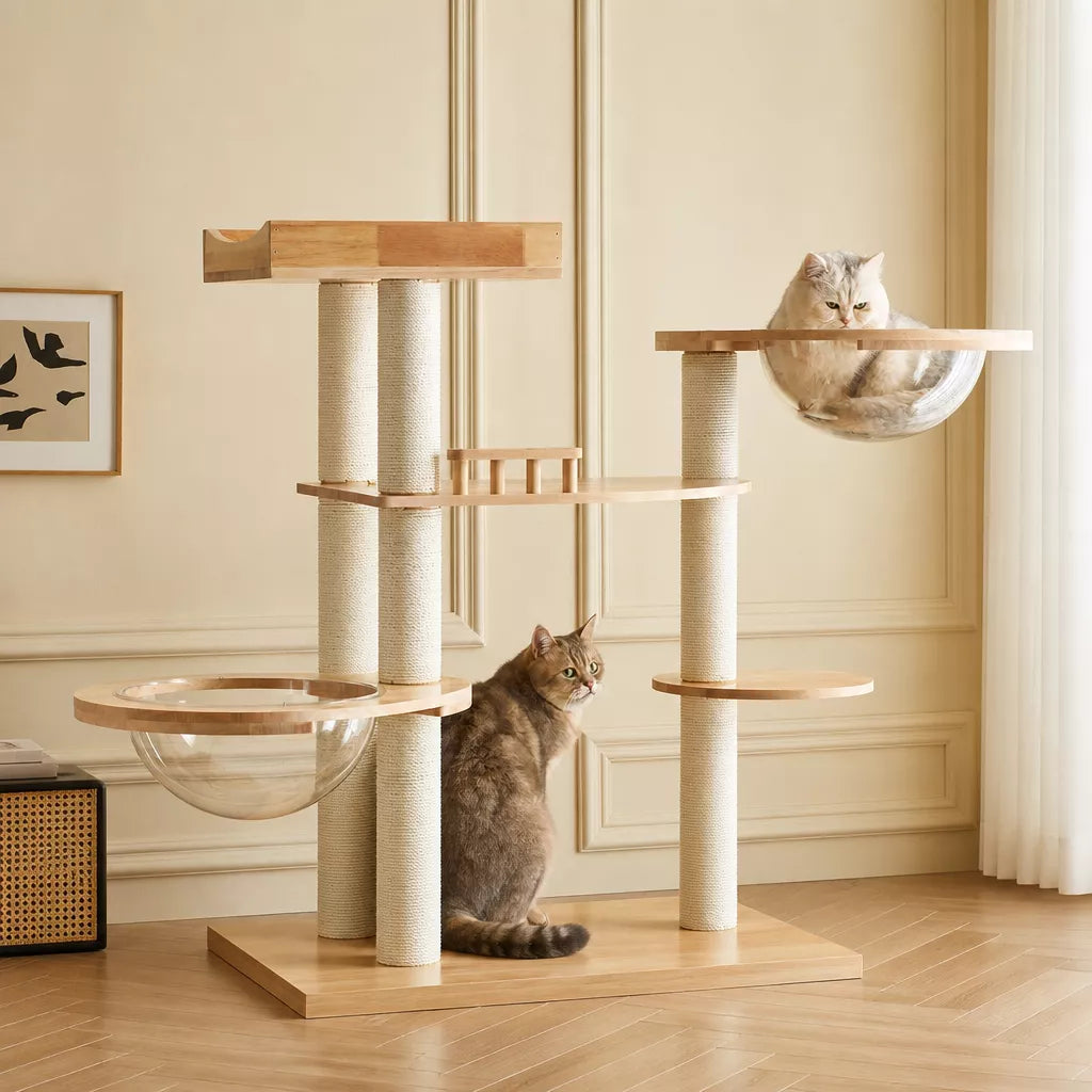 Large Solid Rubberwood Cat Tree with Climbing Platforms and Hideaway