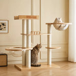 Large Solid Rubberwood Cat Tree with Climbing Platforms and Hideaway