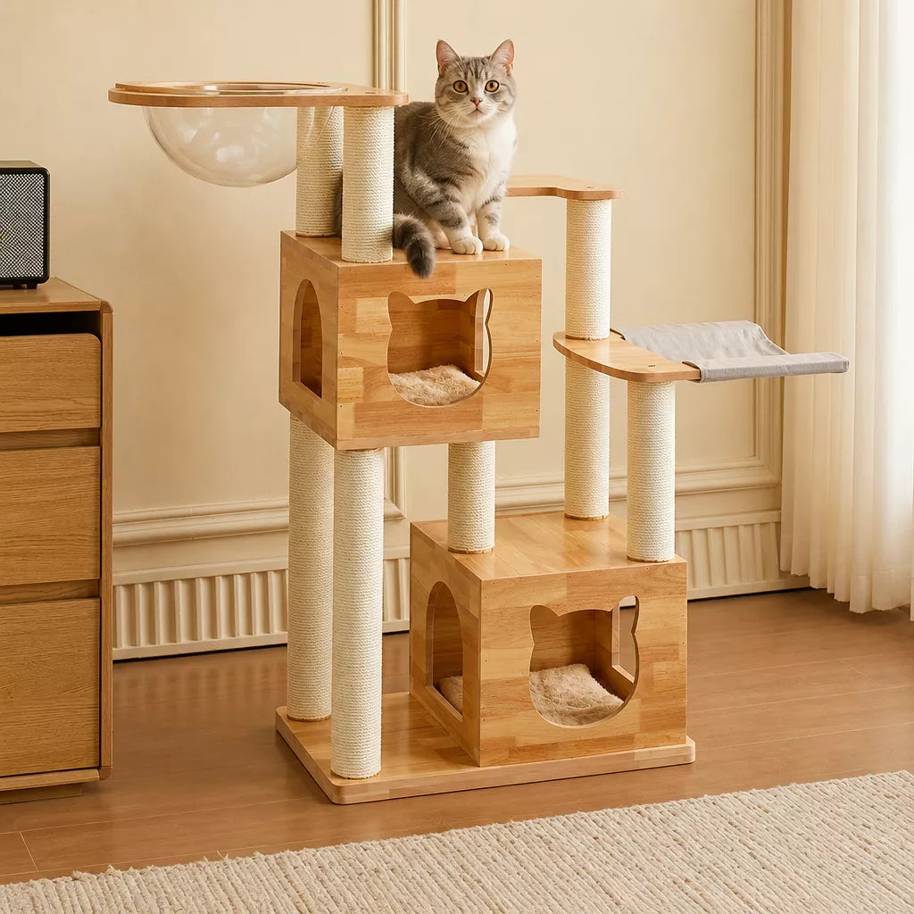 Large Solid Rubberwood Cat Tree with Climbing Platforms and Hideaway