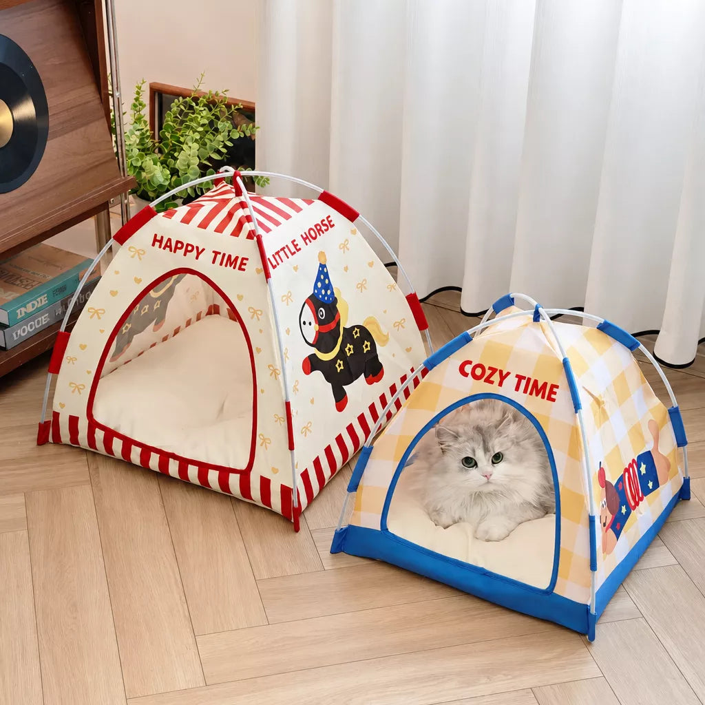 Foldable Semi-Enclosed Pet Tent Bed for Cats and Small Dogs