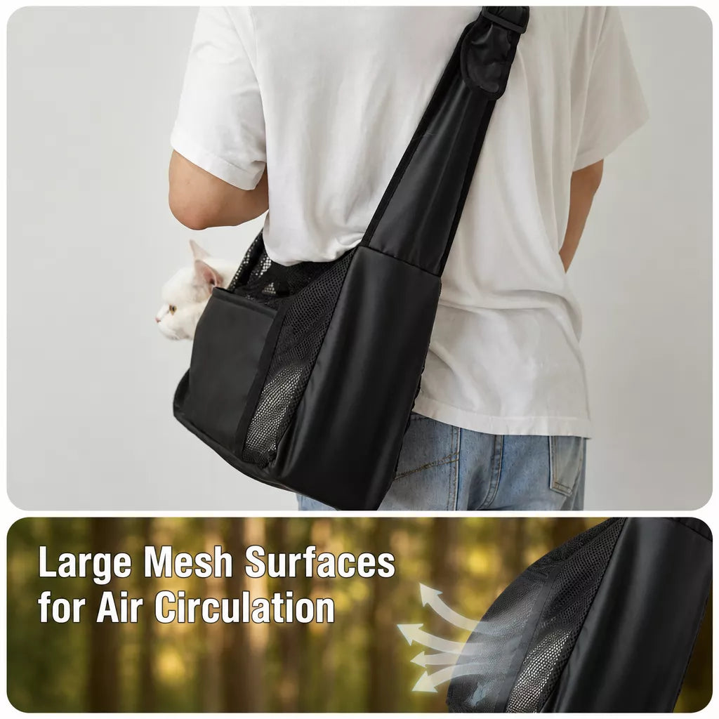 Faux Leather Mesh Crossbody Pet Carrier for Cats and Small Dogs